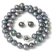 Pearl Freshwater Cultured Potato Black Necklace 9.5-10.0mm 17" and Earring 9.5-10.0 mm Gift Set By Bucasi